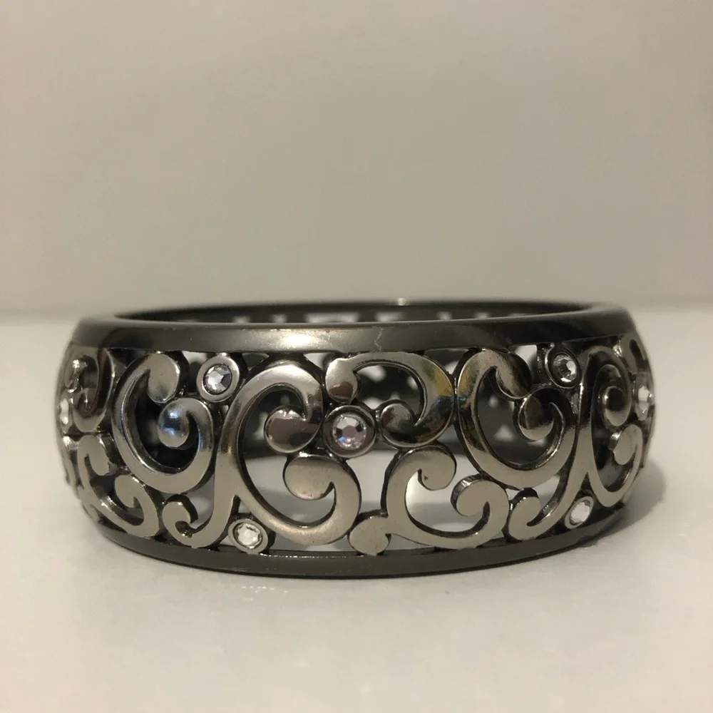 Brighton Contempo Gunmetal Filigree Crystal Accent Hinged Bangle Bracelet